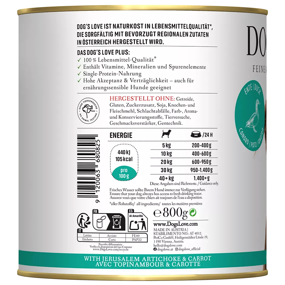 Dog's Love - "Adult" Ente mit Topinambur und Karotte 800g