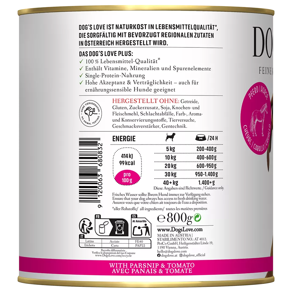Dog's Love - "Adult" Pferd mit Pastinaken und Tomaten 800g