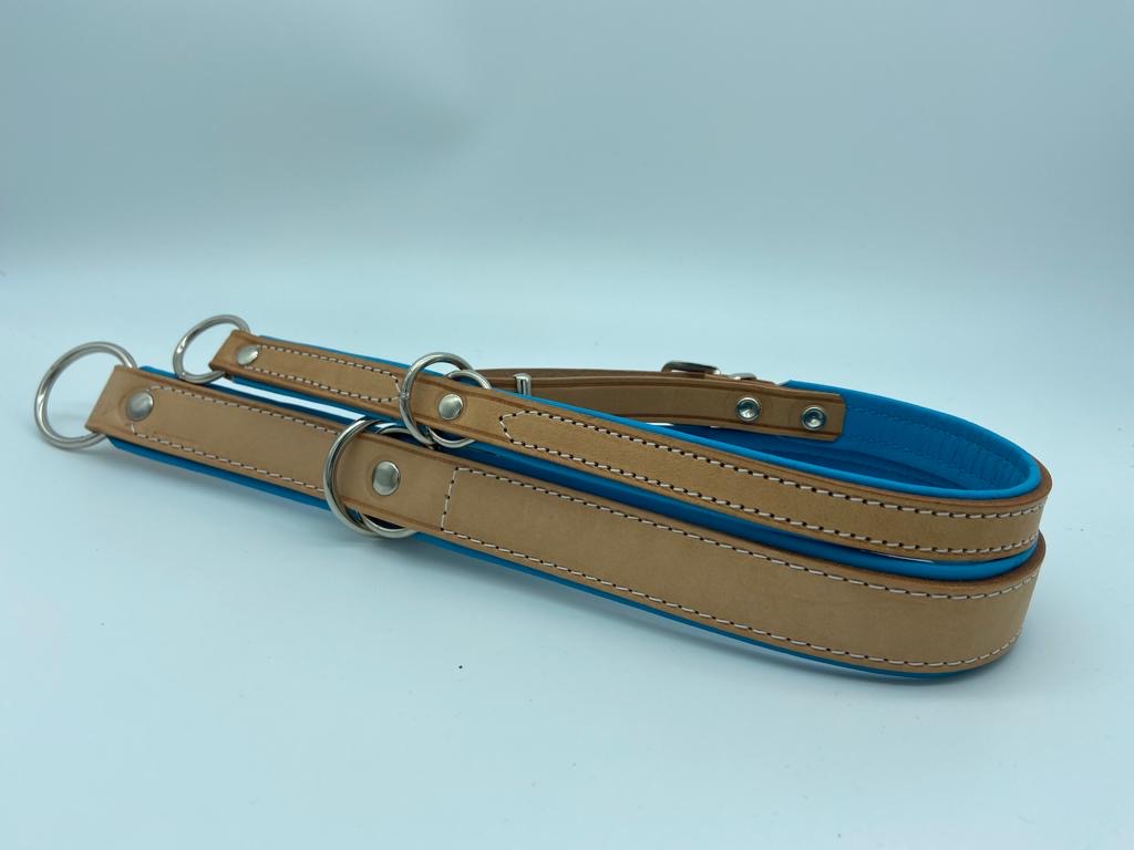Halsband - Zugstopp "Zügelleder blau unterlegt" handgenäht 45er