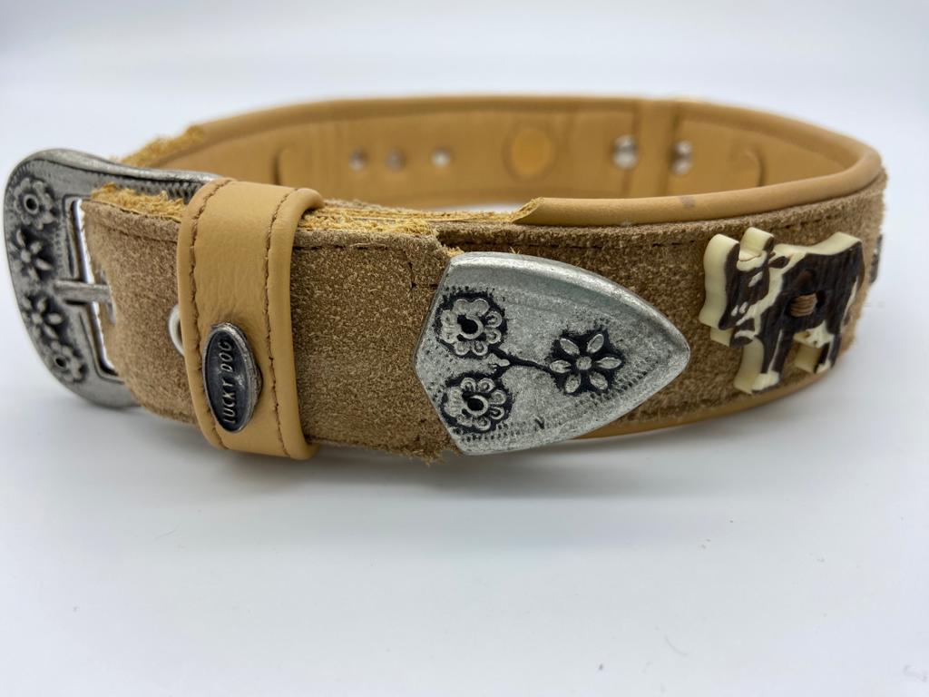 Halsband - Einzelstück "Wildleder Kuh und Edelweiß" handgenäht