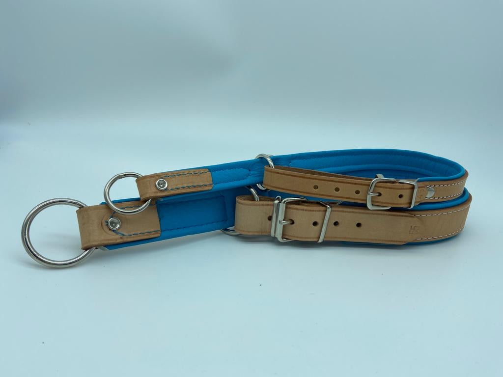 Halsband - Zugstopp "Zügelleder blau unterlegt" handgenäht 45er