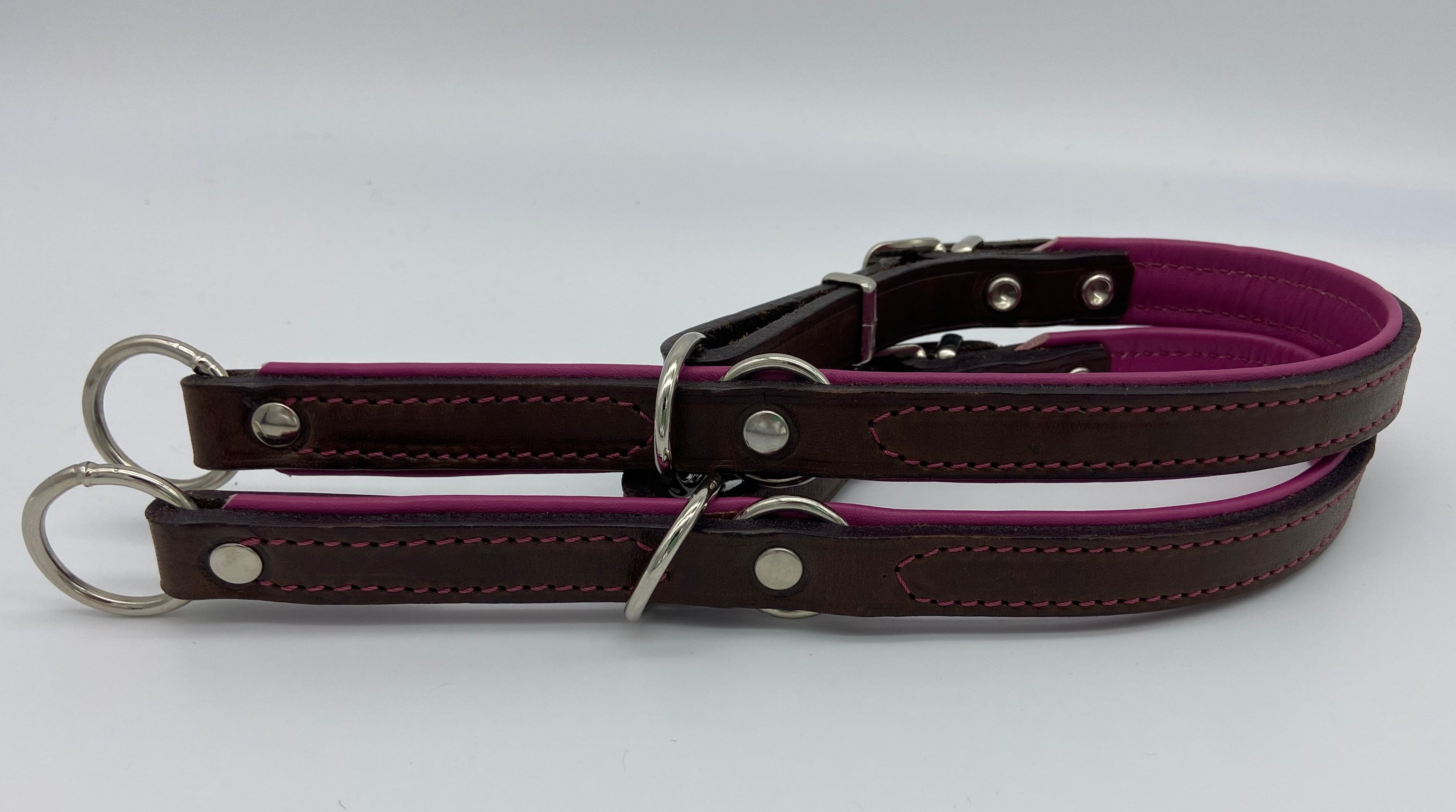 Halsband - Zugstopp "Zügelleder pink unterlegt" handgenäht 40er