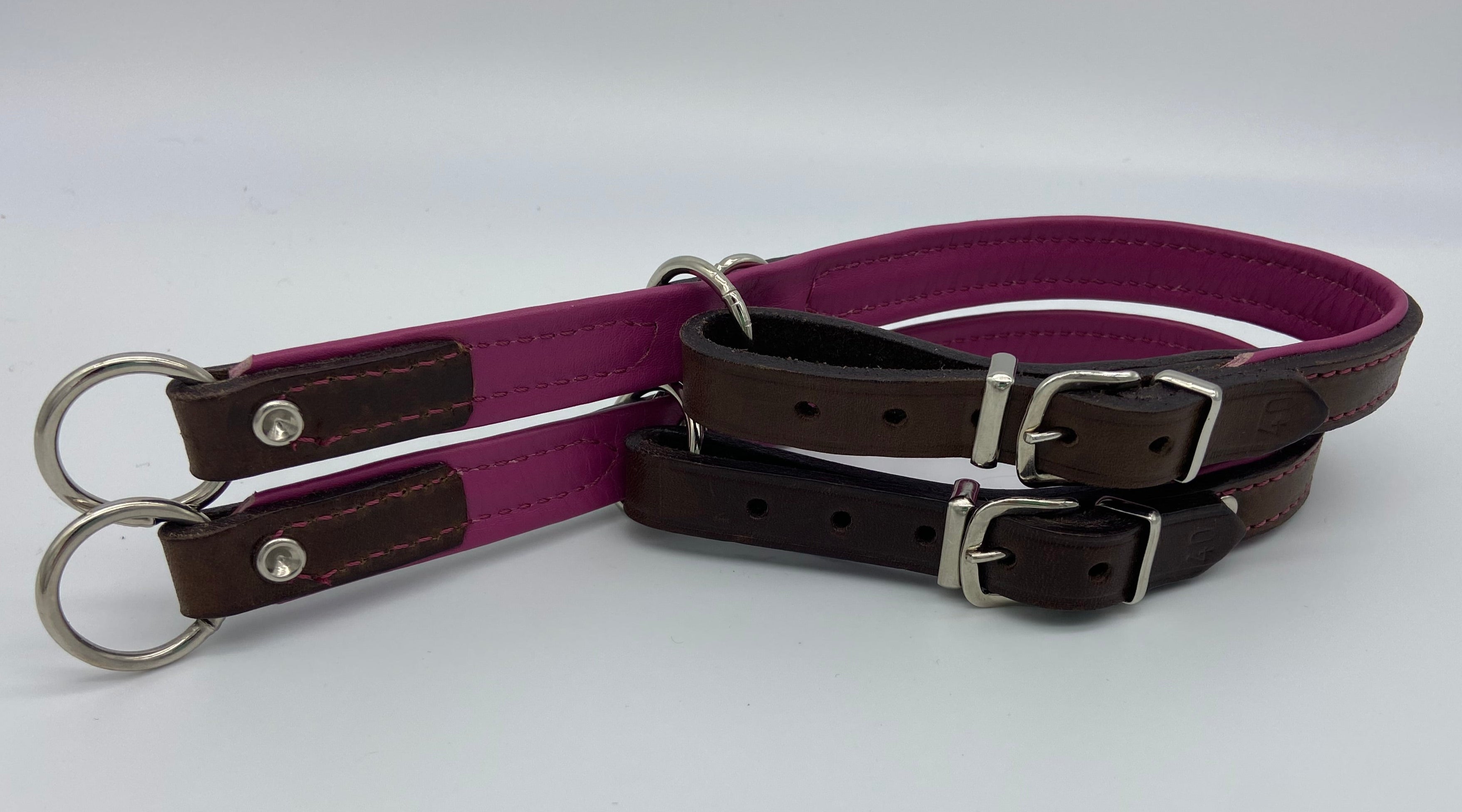 Halsband - Zugstopp "Zügelleder pink unterlegt" handgenäht 40er