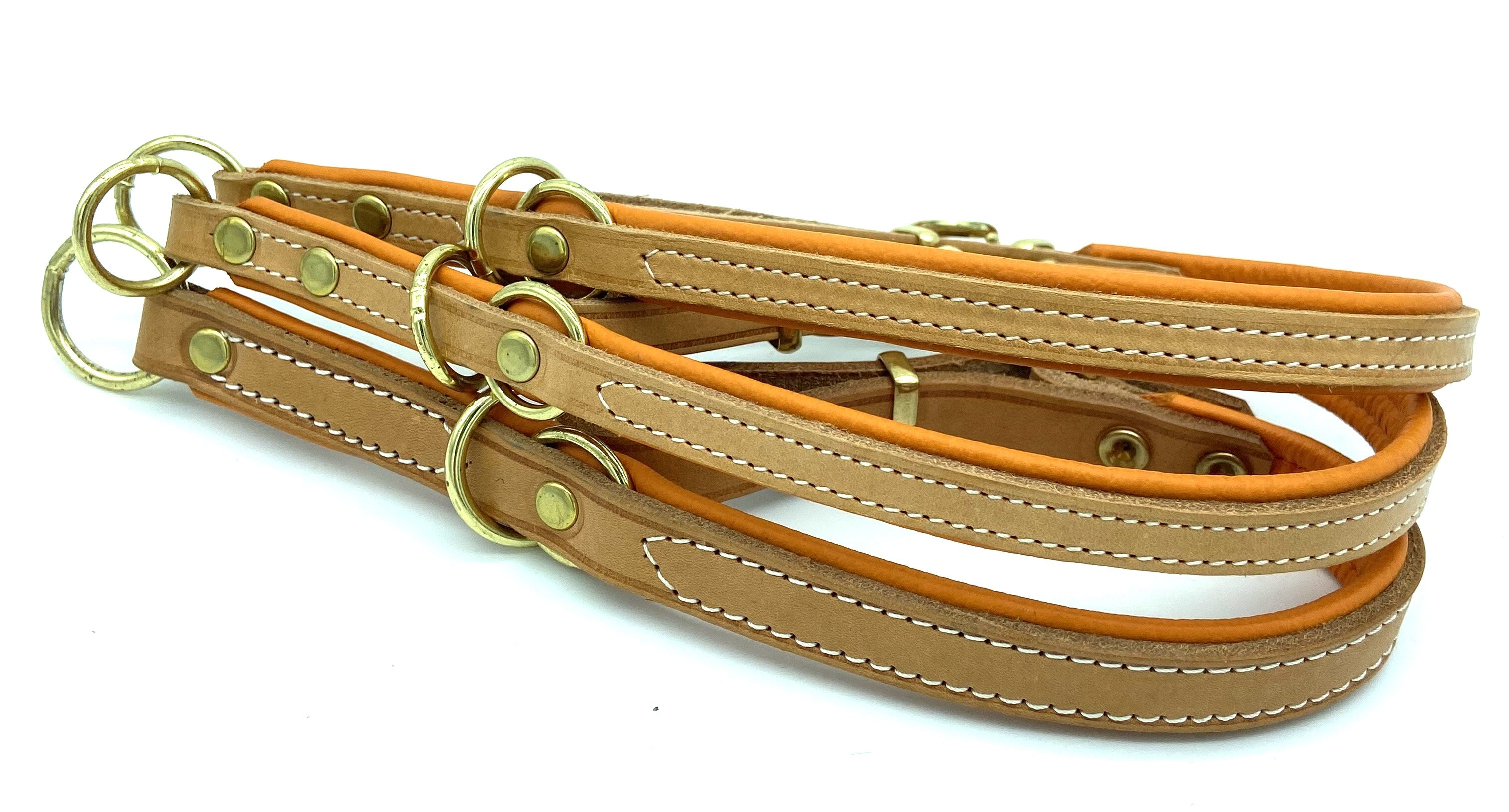 Halsband - Zugstopp "Zügelleder orange unterlegt" handgenäht 35er