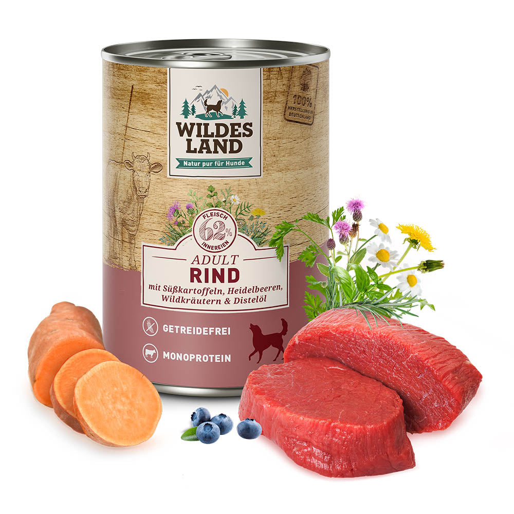 Wildes Land - Classic "Rind mit Süßkartoffeln, Heidelbeeren, Wildkräutern und Distelöl" 400g