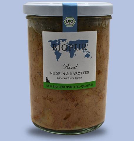 BIOPUR - Nassfutter im Glas "Rind, Nudeln & Karotten" 370g