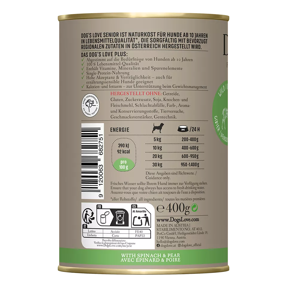 Dog's Love - "Senior" Wild mit Spinat und Birne 800g